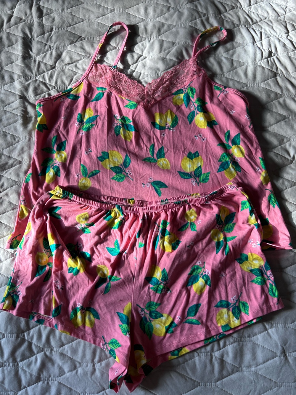 Pink Lemon-Print Lace Trim Cami & Short Pajama Set